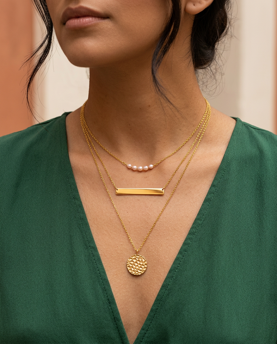 Gold Layered Necklace Pearl 18K Plated Stainless Steel