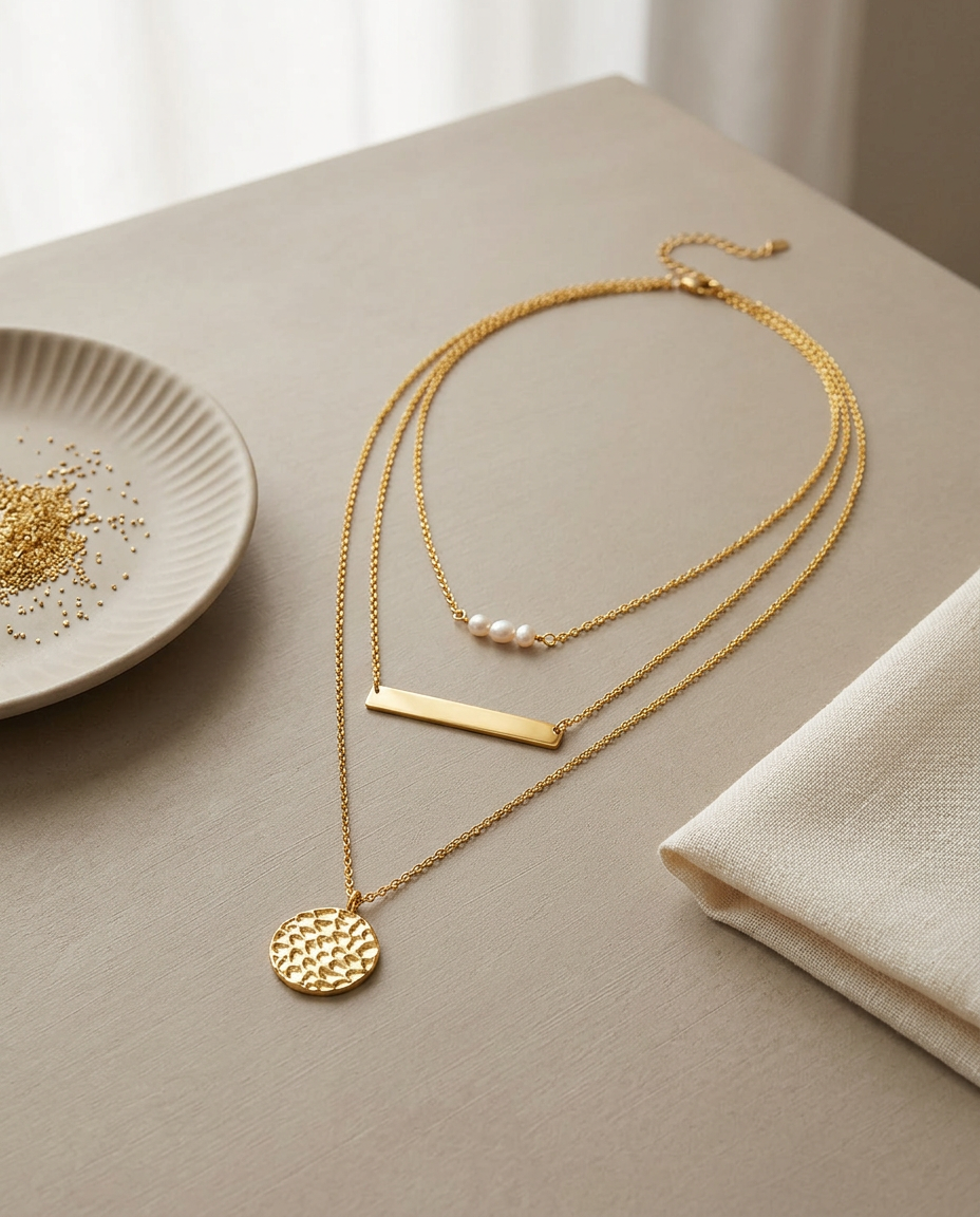 Gold Layered Necklace Pearl 18K Plated Stainless Steel