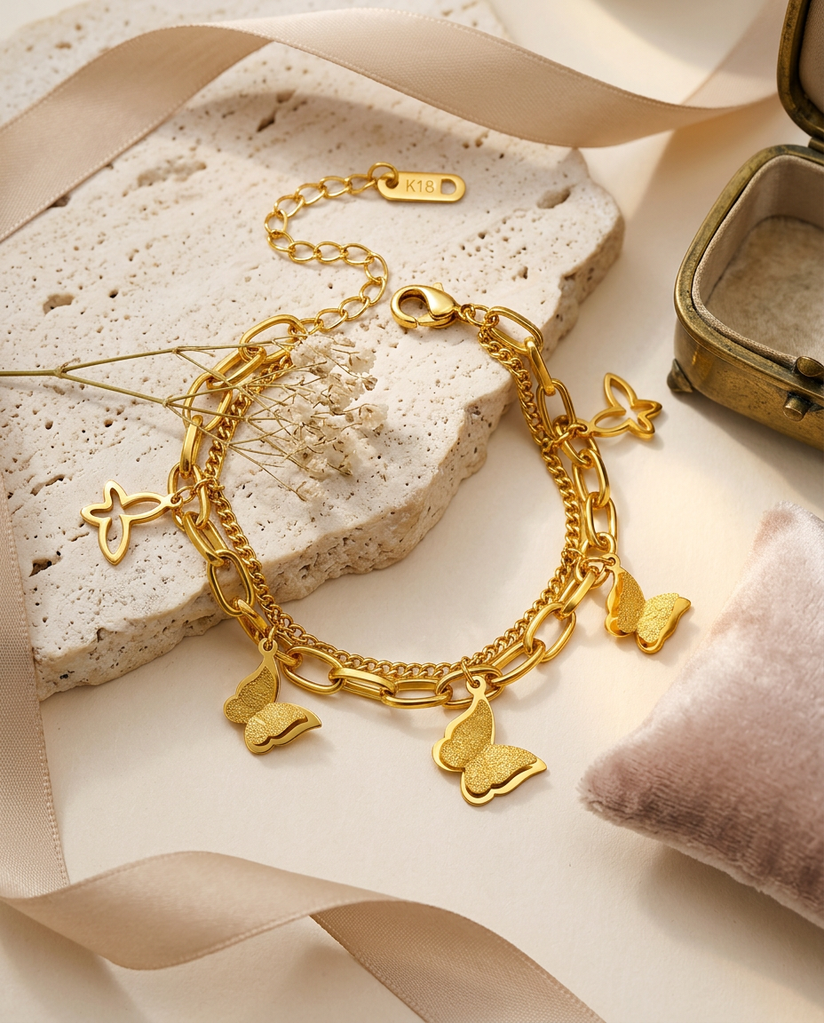 Gold Butterfly Bracelet 18K Plated Waterproof Stainless Steel