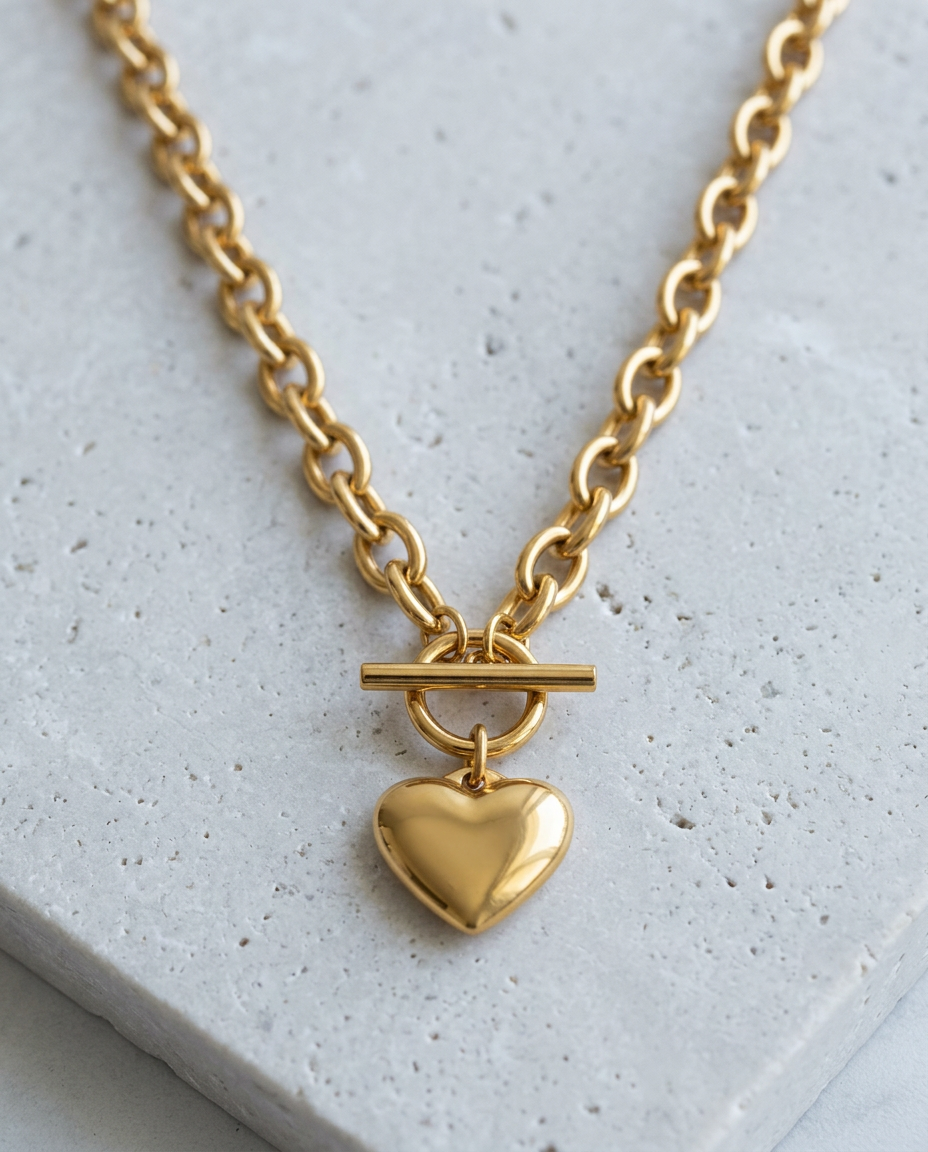 Gold Heart Necklace Toggle 18K Plated Stainless Steel
