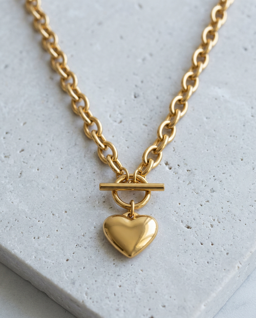 Gold Heart Necklace Toggle 18K Plated Stainless Steel