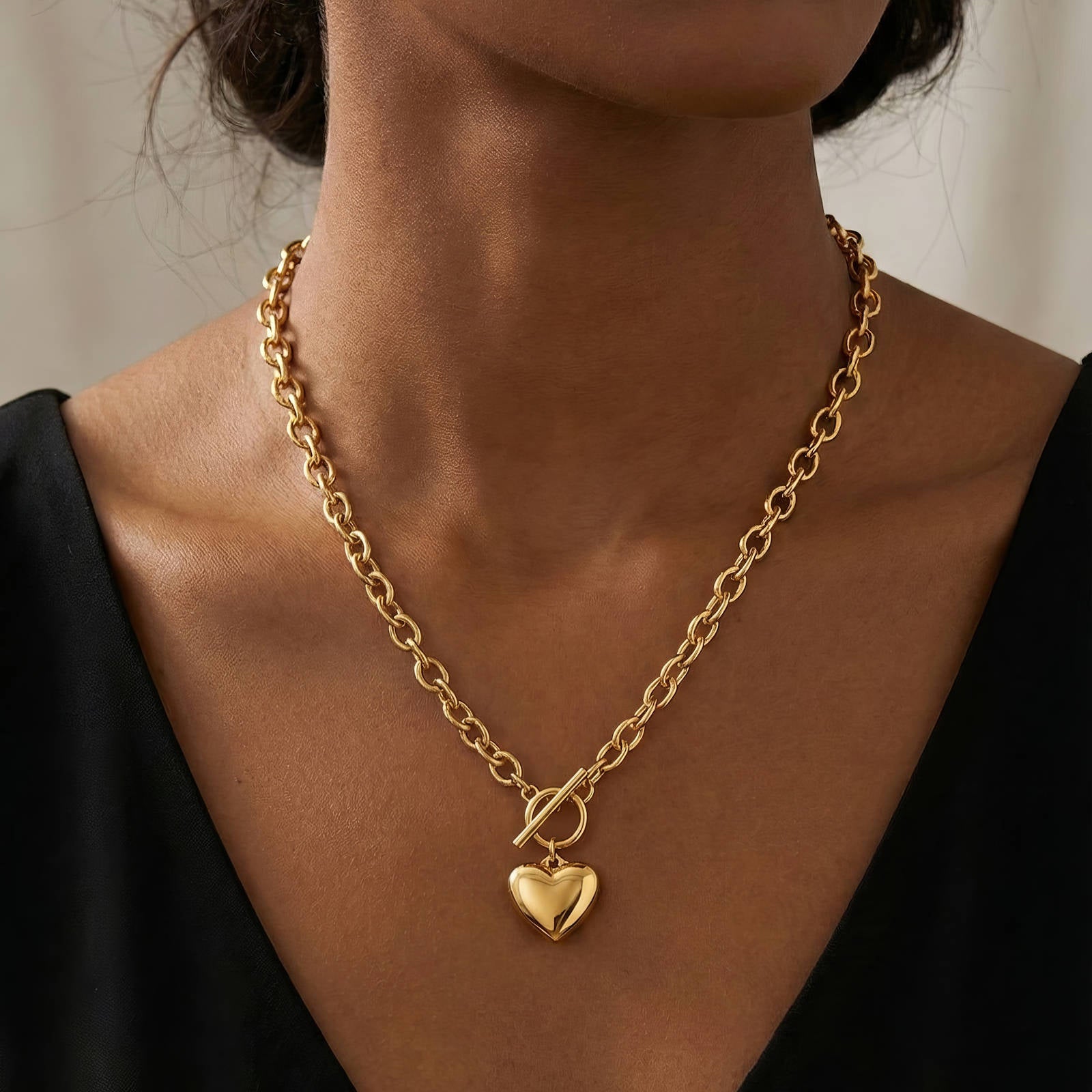 Gold Heart Necklace Toggle 18K Plated Stainless Steel