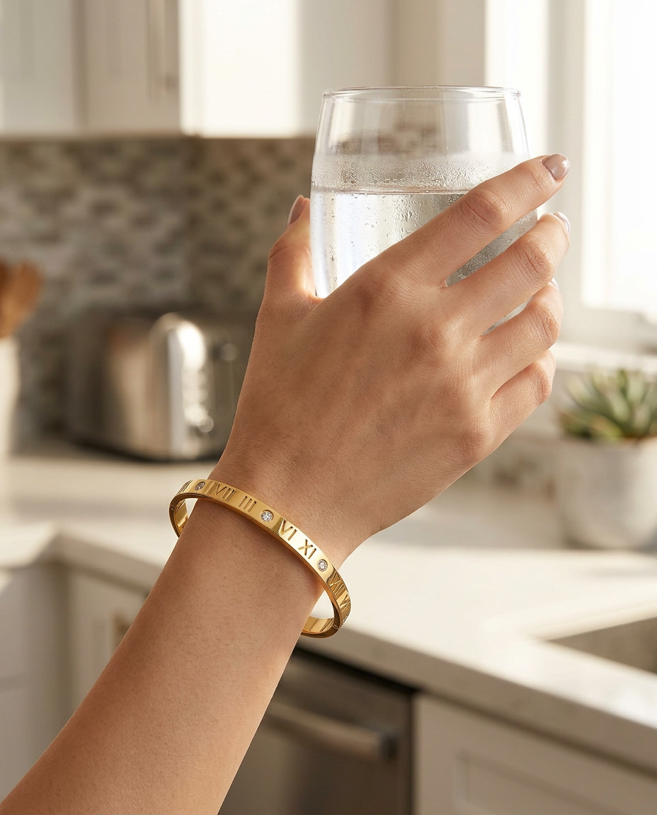 Gold Slim Bangle Bracelet Zirconia 18K Plated Stainless Steel