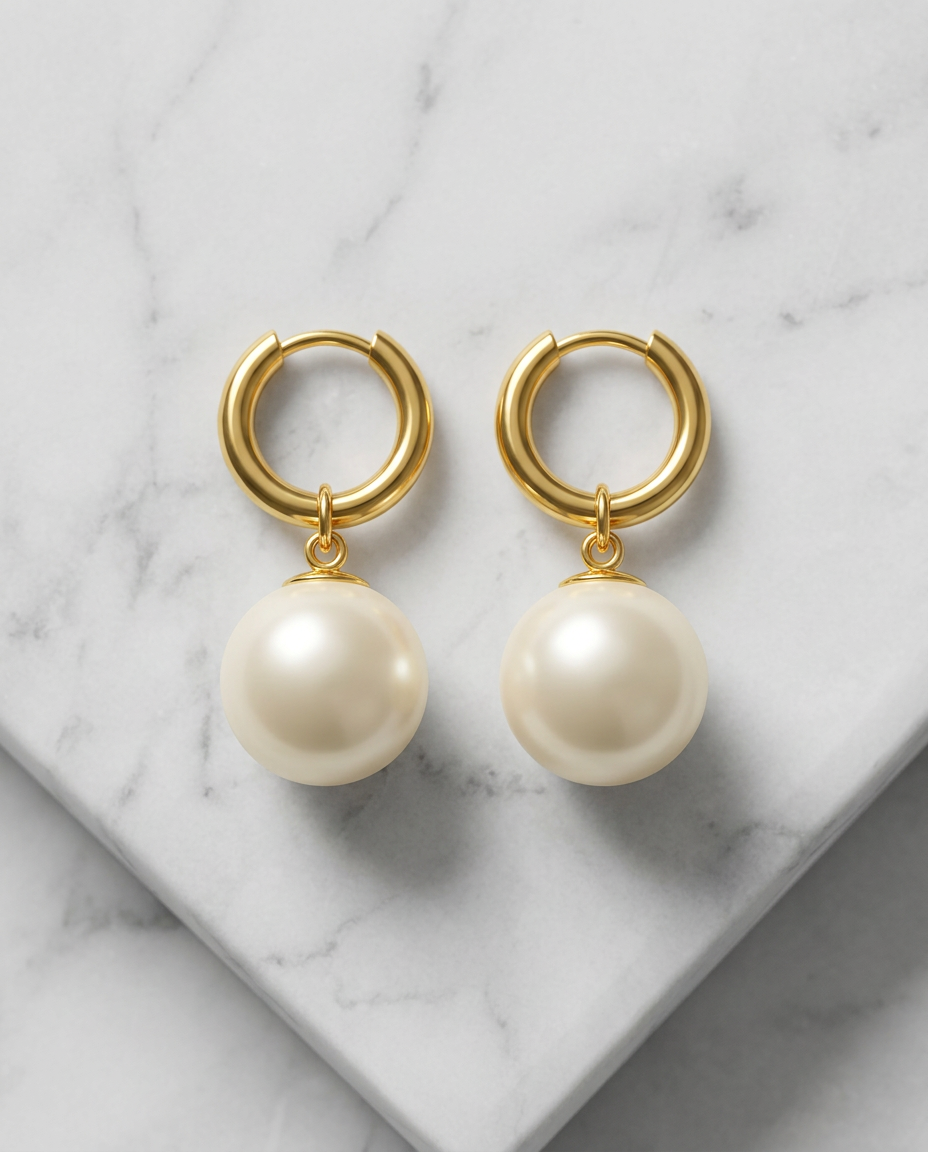 Gold Pearl Hoop Earrings 18K Plated Stainless Steel