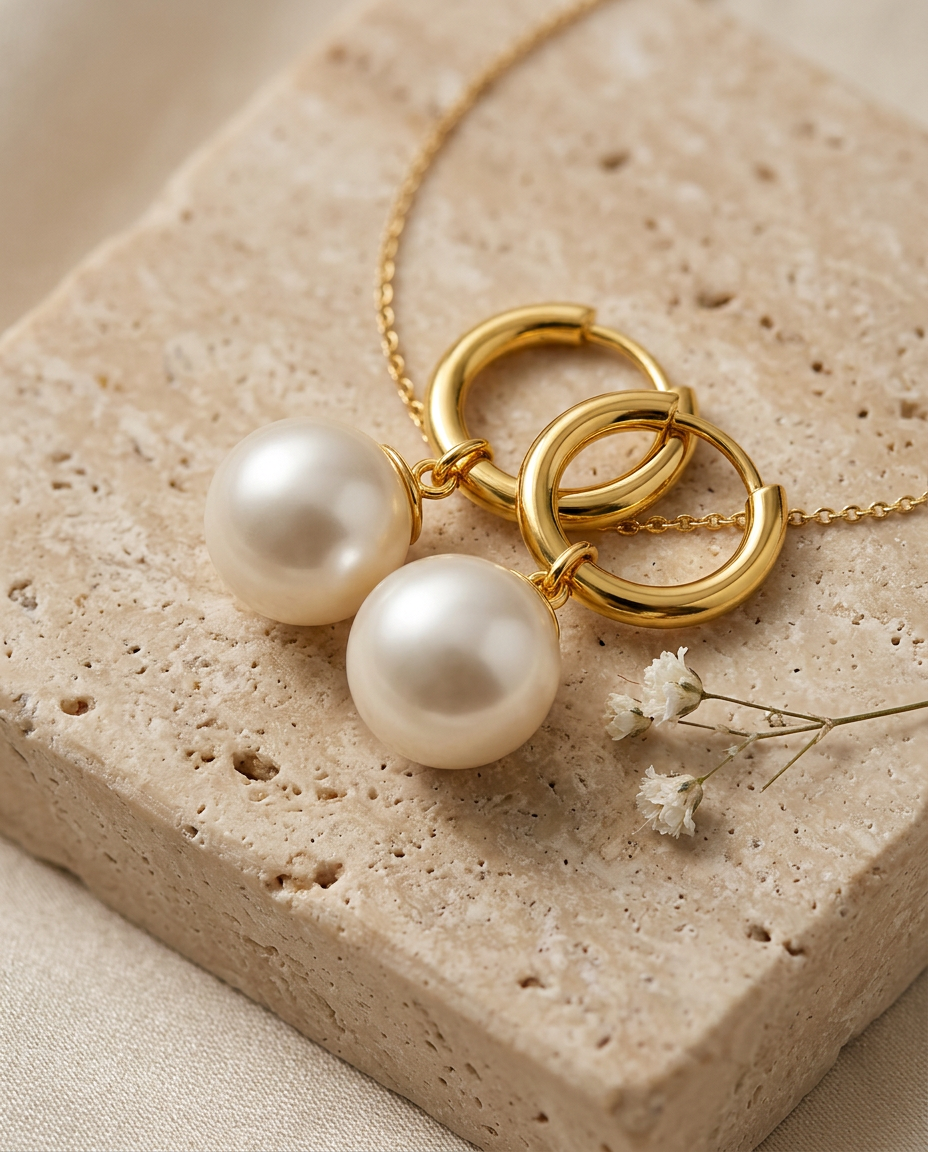 Gold Pearl Hoop Earrings 18K Plated Stainless Steel