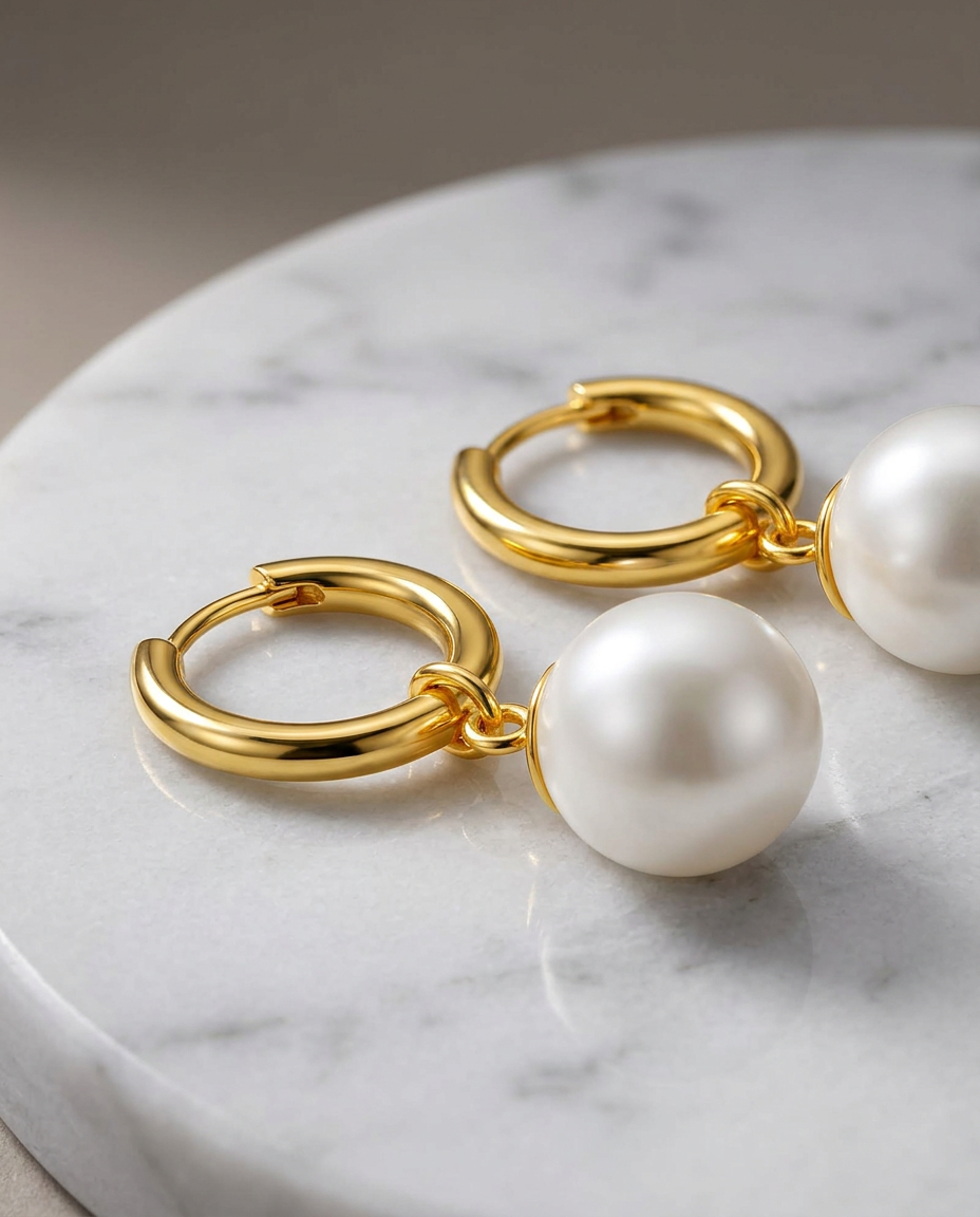 Gold Pearl Hoop Earrings 18K Plated Stainless Steel