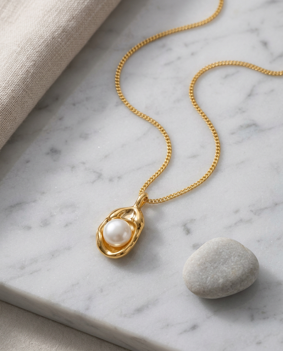 Gold Pearl Pendant Necklace 18K Plated Stainless Steel