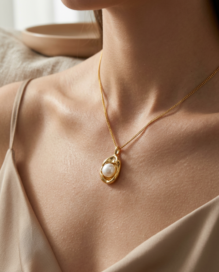 Gold Pearl Pendant Necklace 18K Plated Stainless Steel
