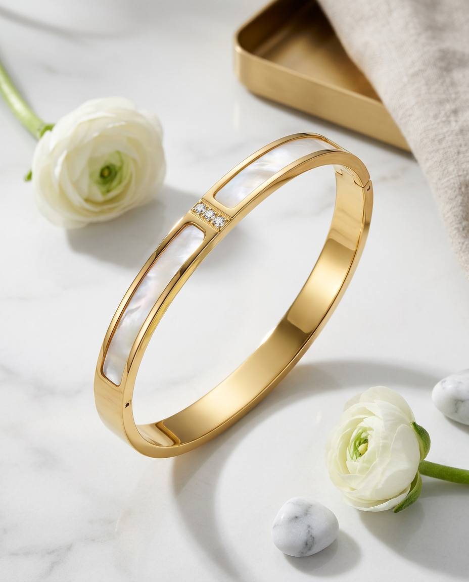 Gold Bangle Bracelet Zirconia Wide 18K Plated Stainless Steel