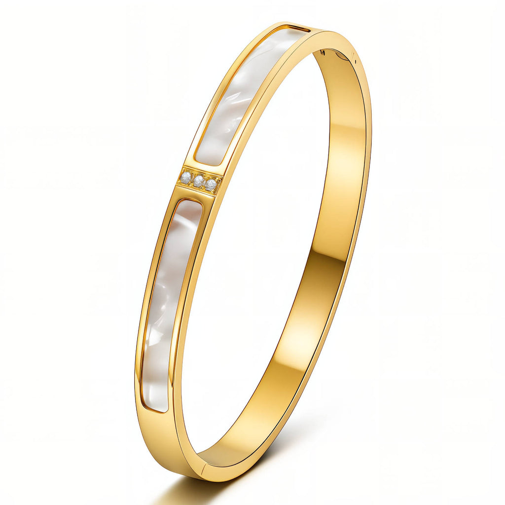 Gold Bangle Bracelet Zirconia Wide 18K Plated Stainless Steel