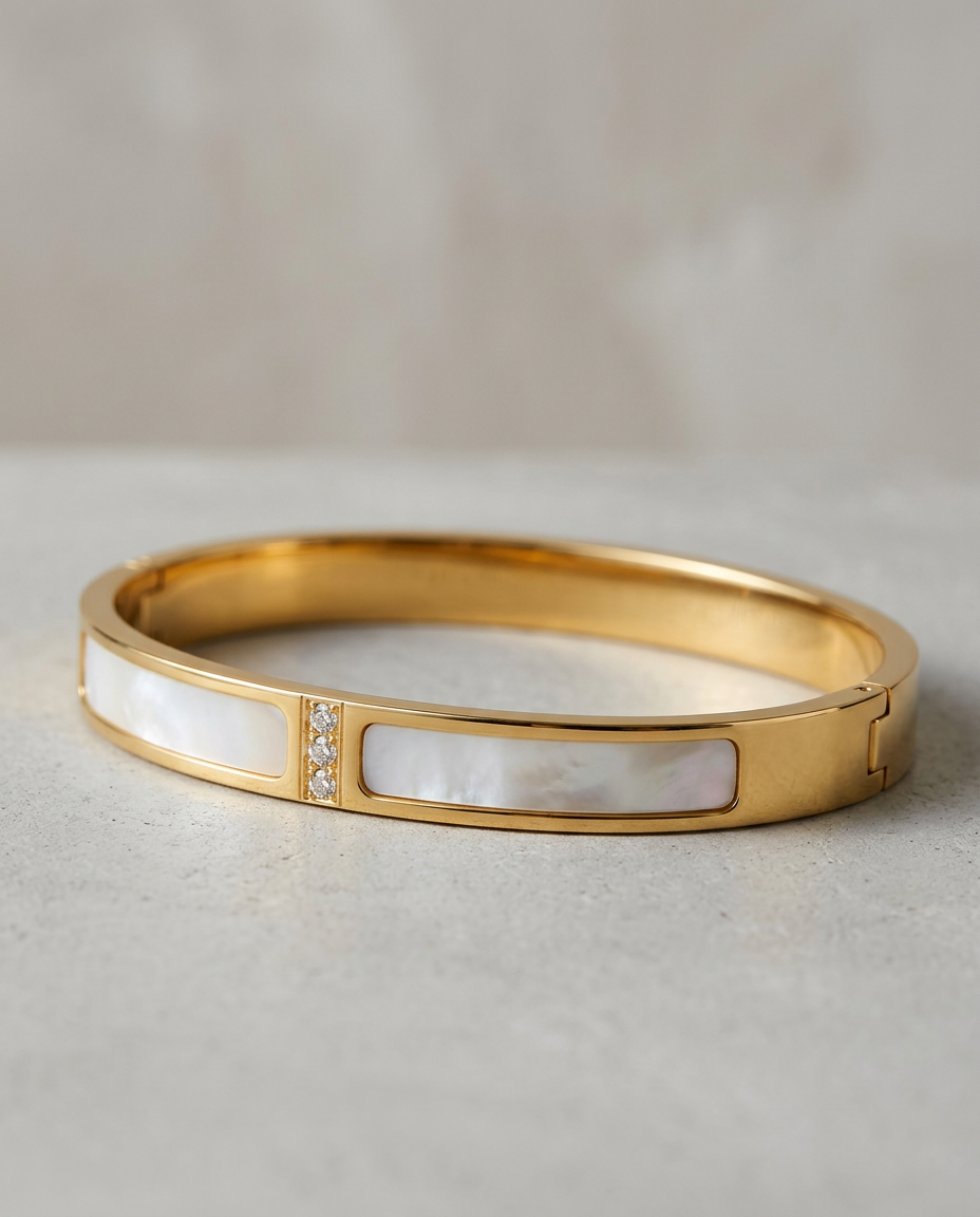 Gold Bangle Bracelet Zirconia Wide 18K Plated Stainless Steel