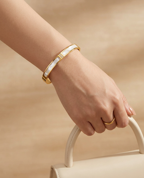 Gold Bangle Bracelet Zirconia Wide 18K Plated Stainless Steel