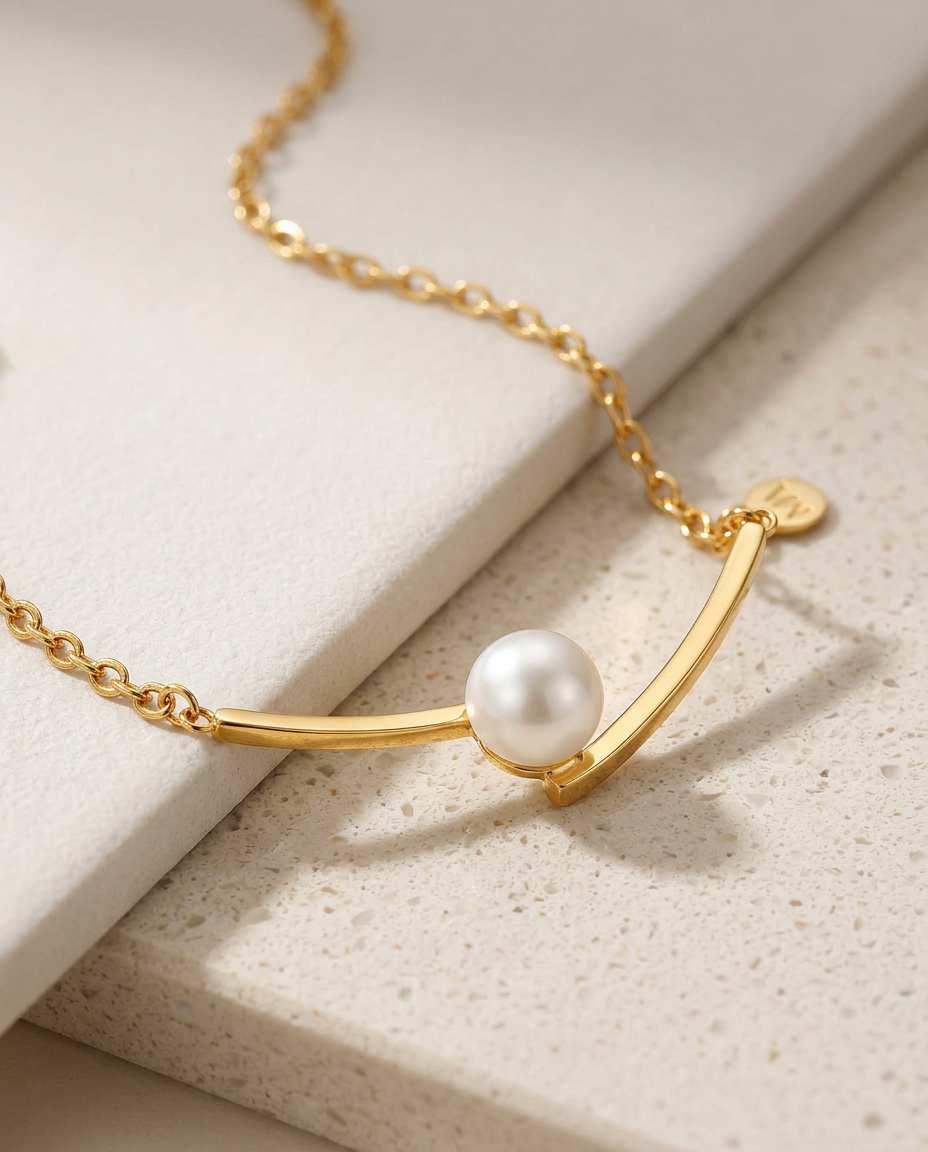 Gold Long Pearl Necklace 18K Plated Stainless Steel