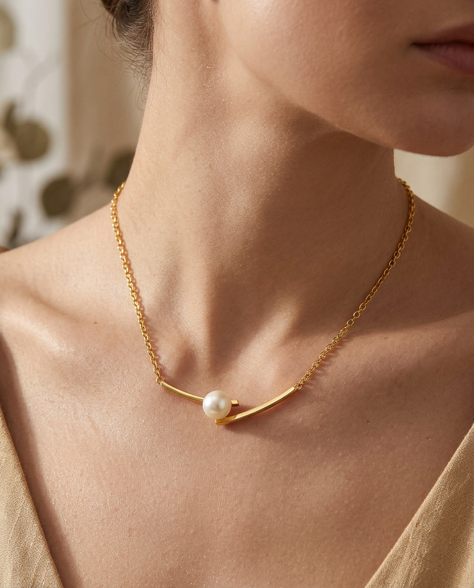 Gold Long Pearl Necklace 18K Plated Stainless Steel