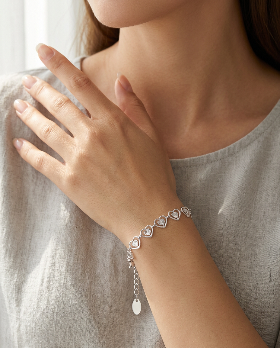 Silver Hearts Bracelet Stainless Steel Minimal