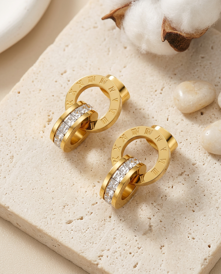 Gold Stud Earrings Zirconia 18K Plated Stainless Steel