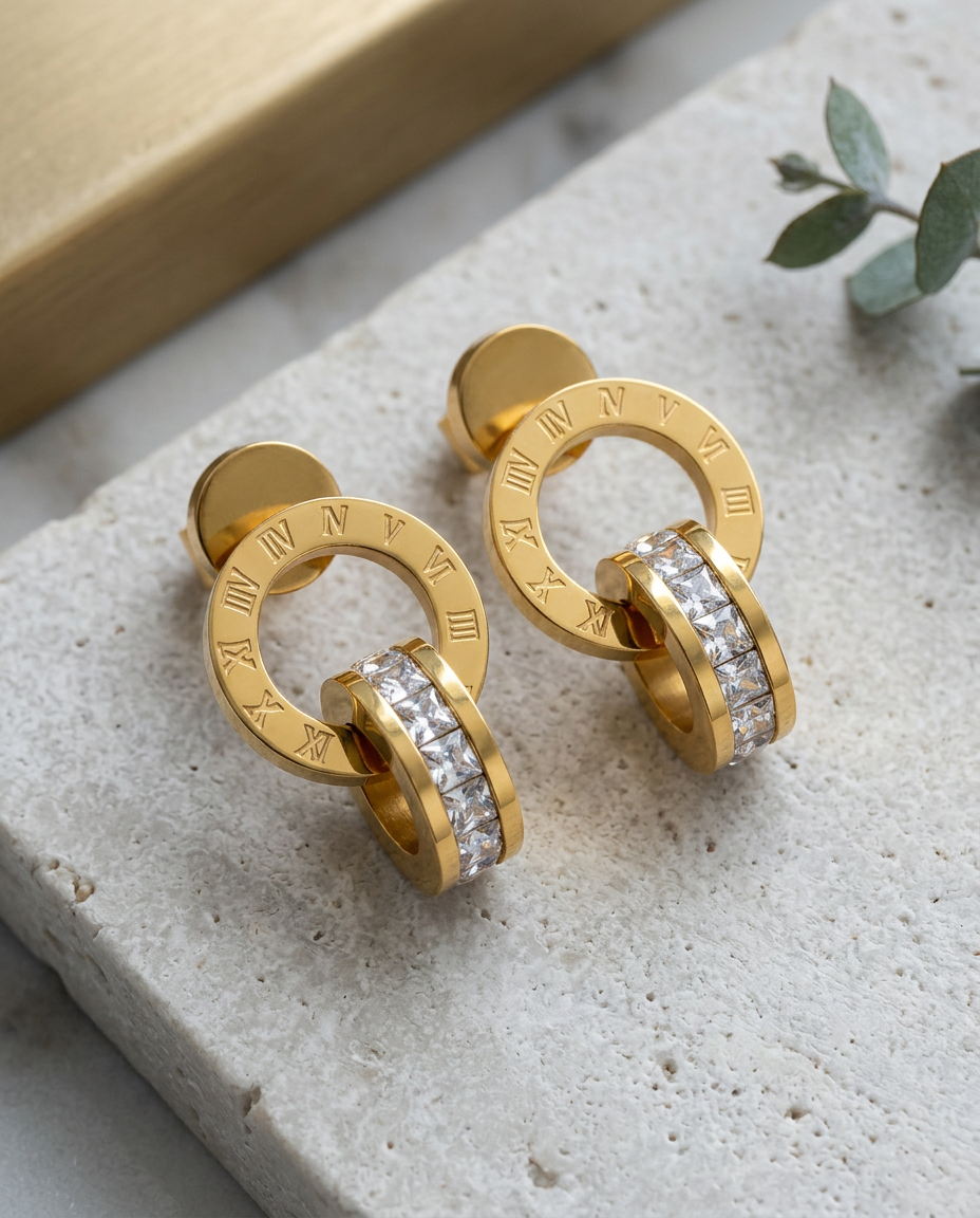 Gold Stud Earrings Zirconia 18K Plated Stainless Steel