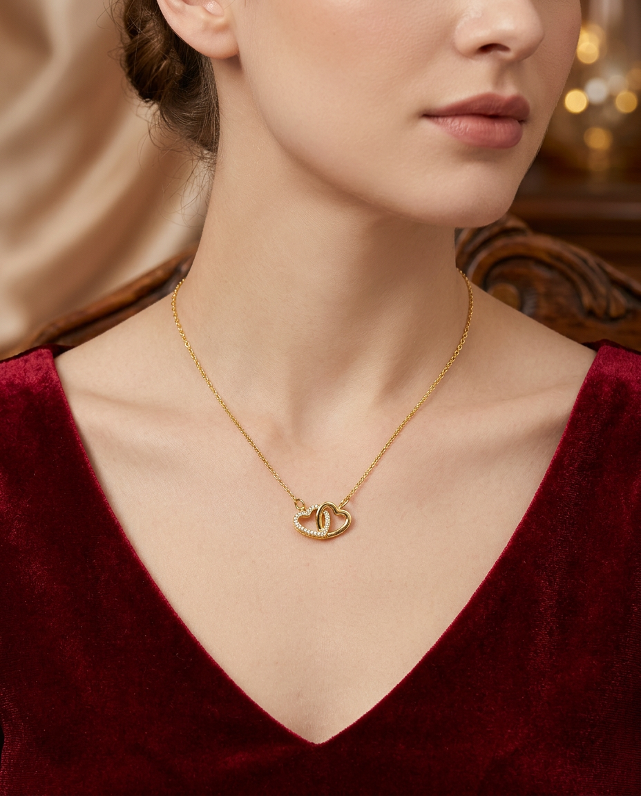 Gold Hearts Necklace Zirconia 18K Plated Stainless Steel Pendant