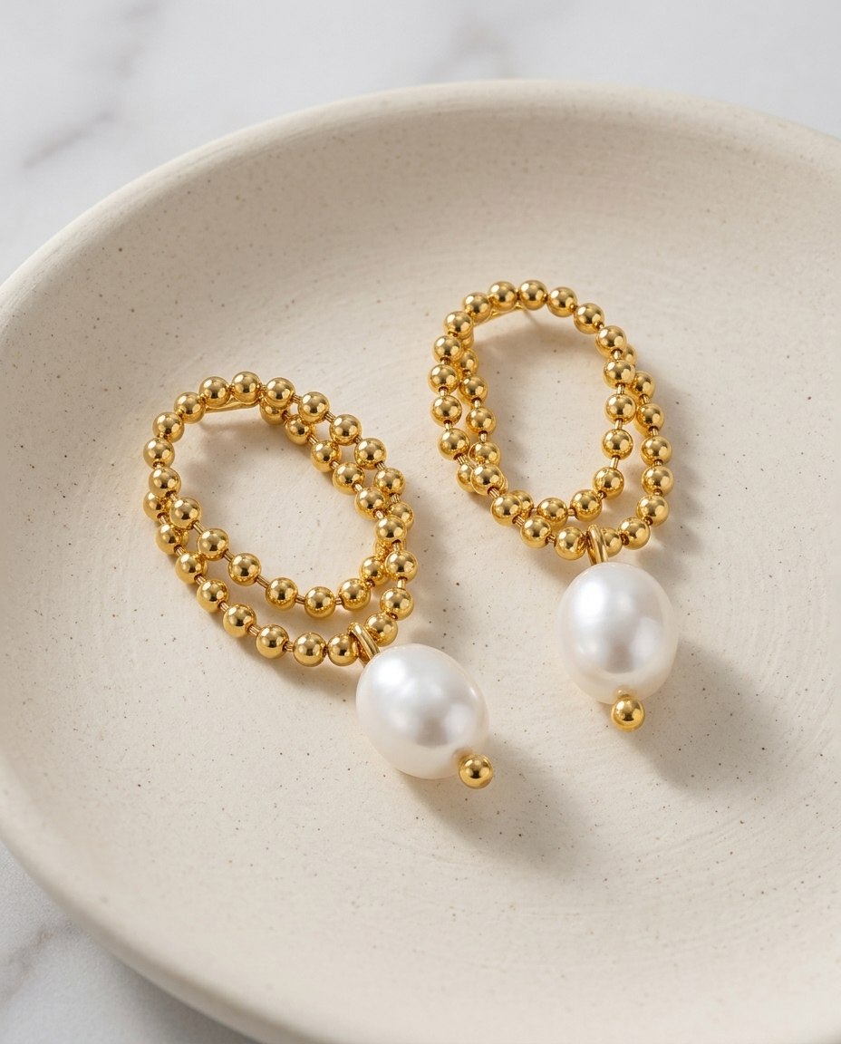 Gold Freshwater Pearl Earrings 18K Plated Stainless Steel