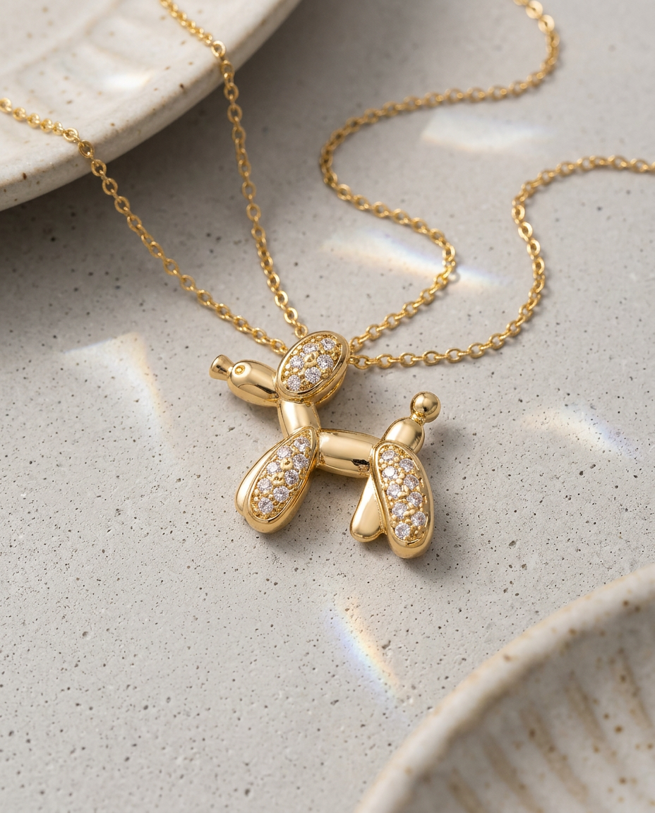 Gold Dog Necklace Zirconia 18K Plated Stainless Steel