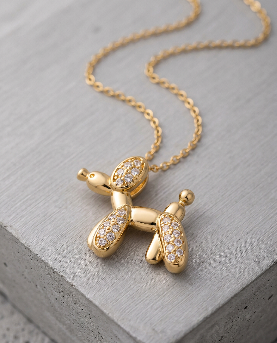 Gold Dog Necklace Zirconia 18K Plated Stainless Steel