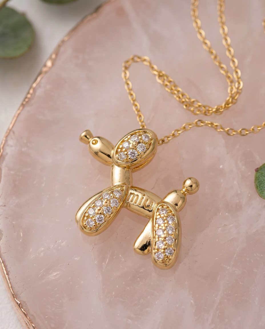 Gold Dog Necklace Zirconia 18K Plated Stainless Steel