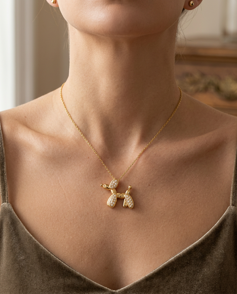 Gold Dog Necklace Zirconia 18K Plated Stainless Steel