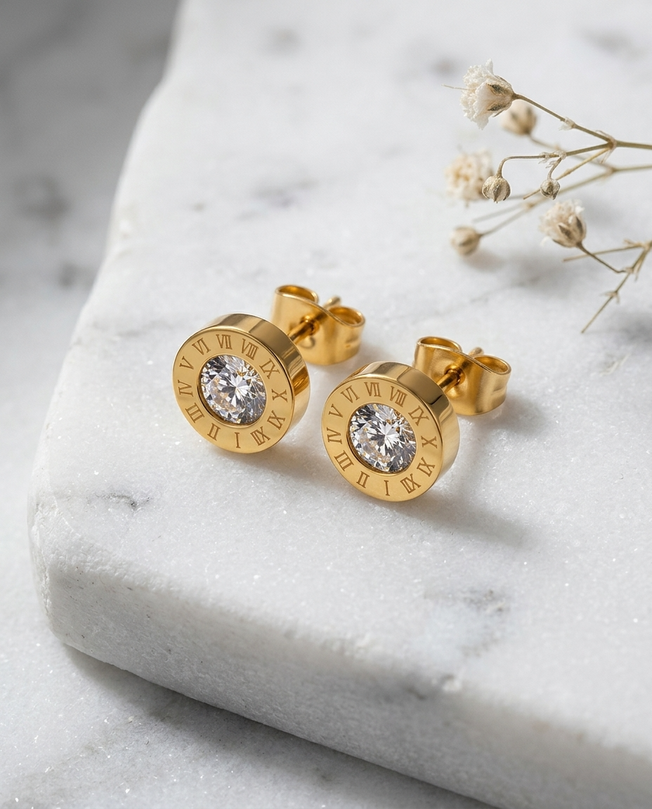 Gold Stud Earrings Zirconia Small 18K Plated Stainless Steel