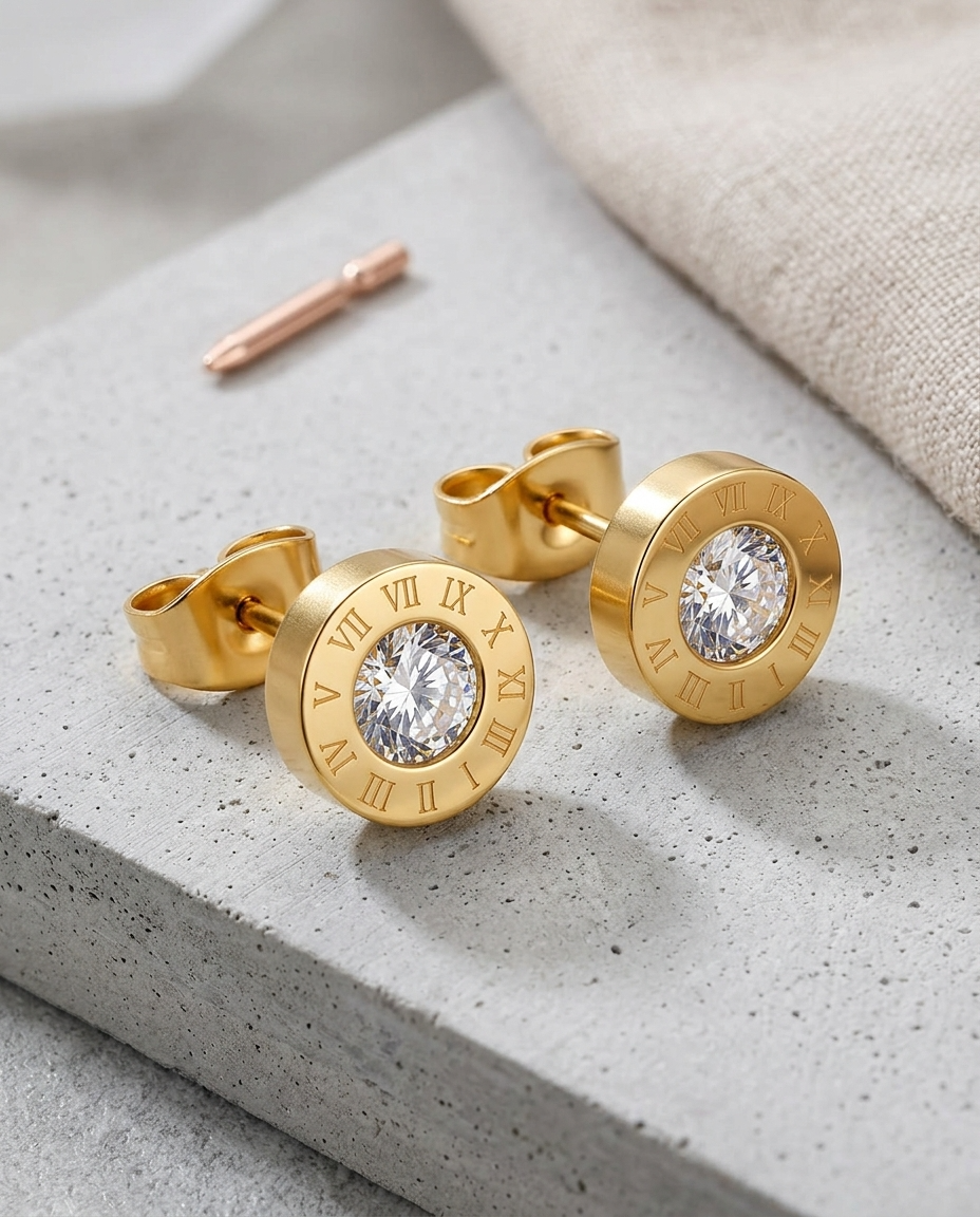 Gold Stud Earrings Zirconia Small 18K Plated Stainless Steel