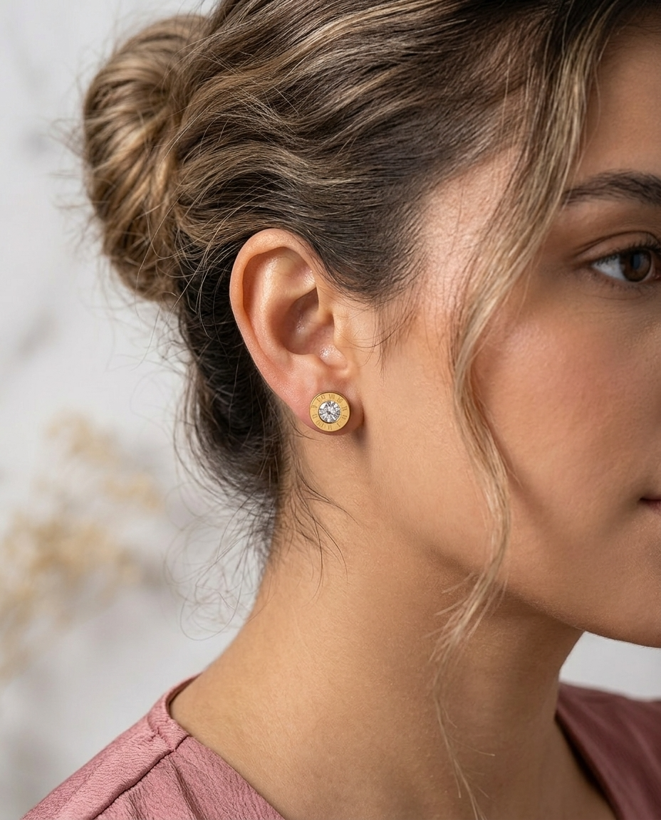 Gold Stud Earrings Zirconia Small 18K Plated Stainless Steel