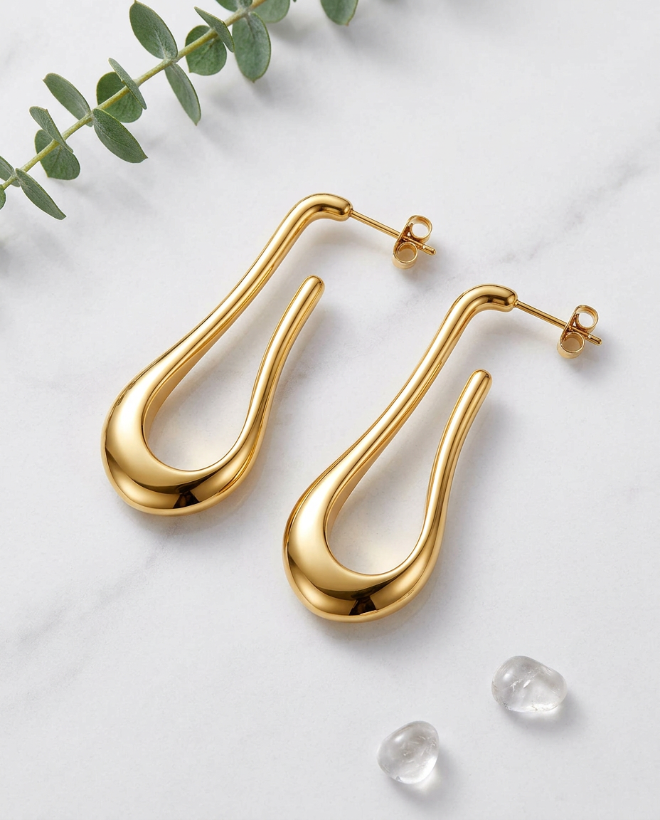 Gold Drop Earrings 18K Plated Stainless Steel Long