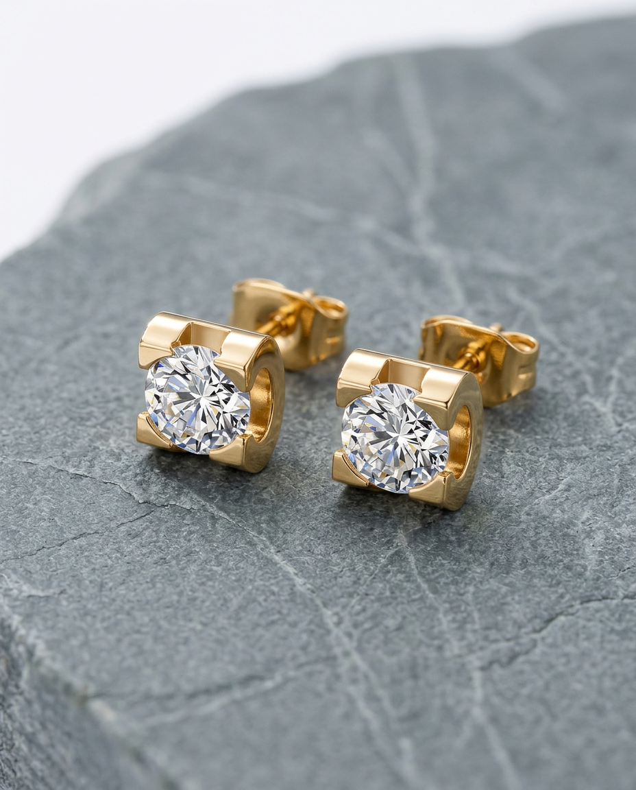 Gold Stud Earrings Zirconia Mini 18K Plated Stainless Steel