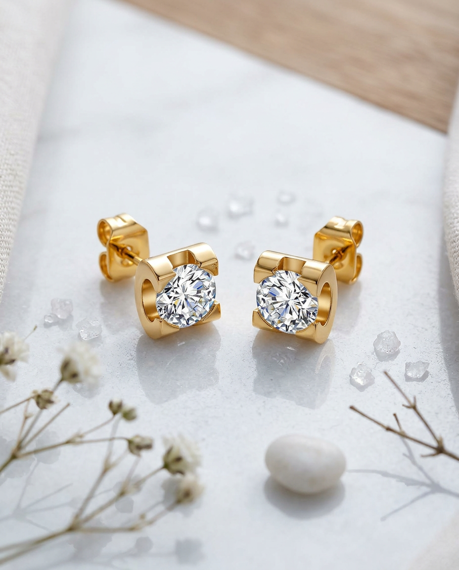 Gold Stud Earrings Zirconia Mini 18K Plated Stainless Steel