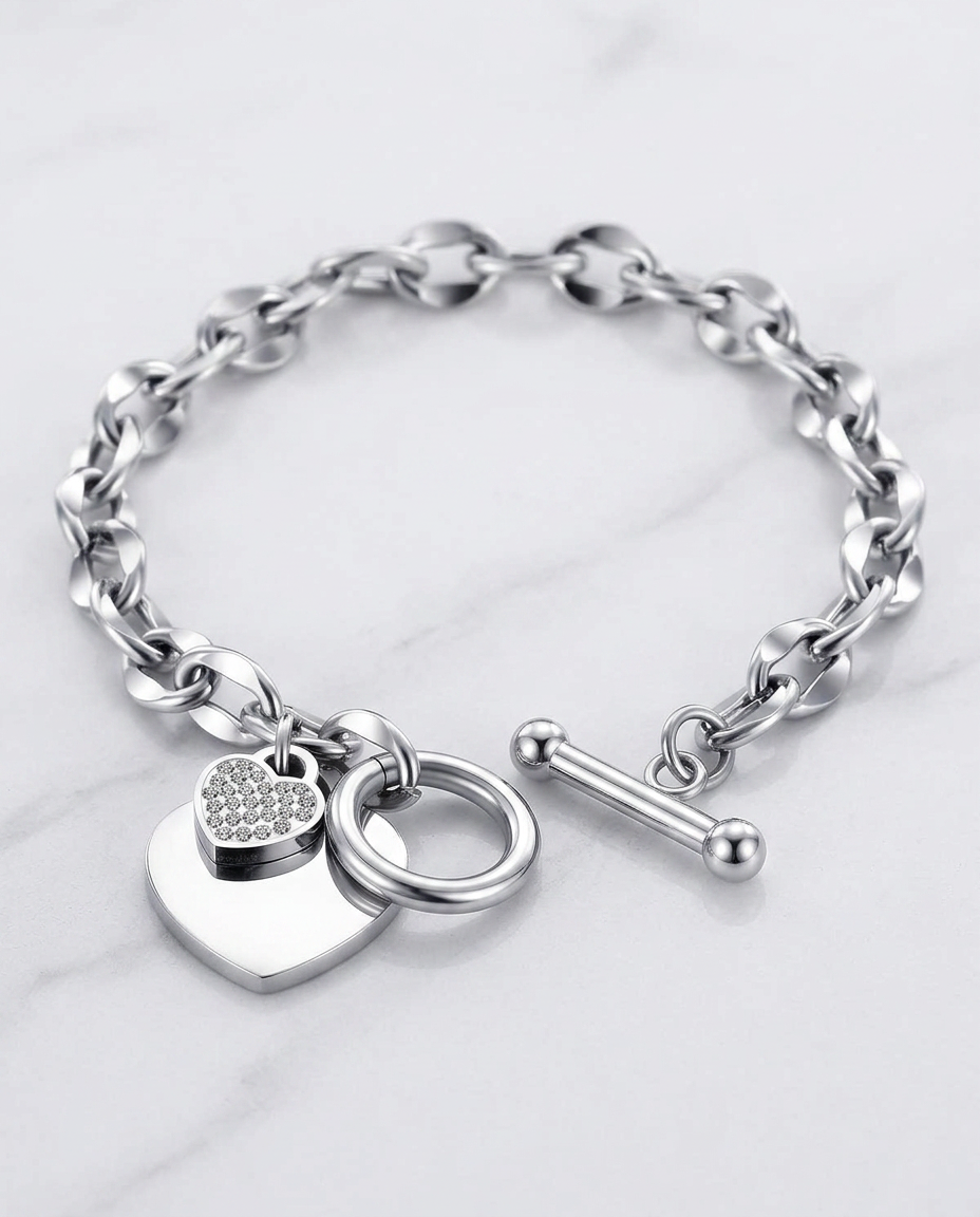 Silver Heart Bracelet Zirconia Stainless Steel