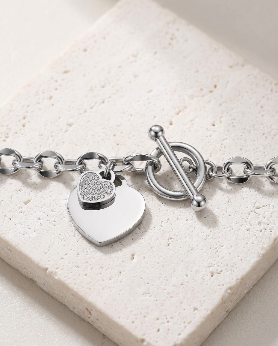 Silver Heart Bracelet Zirconia Stainless Steel