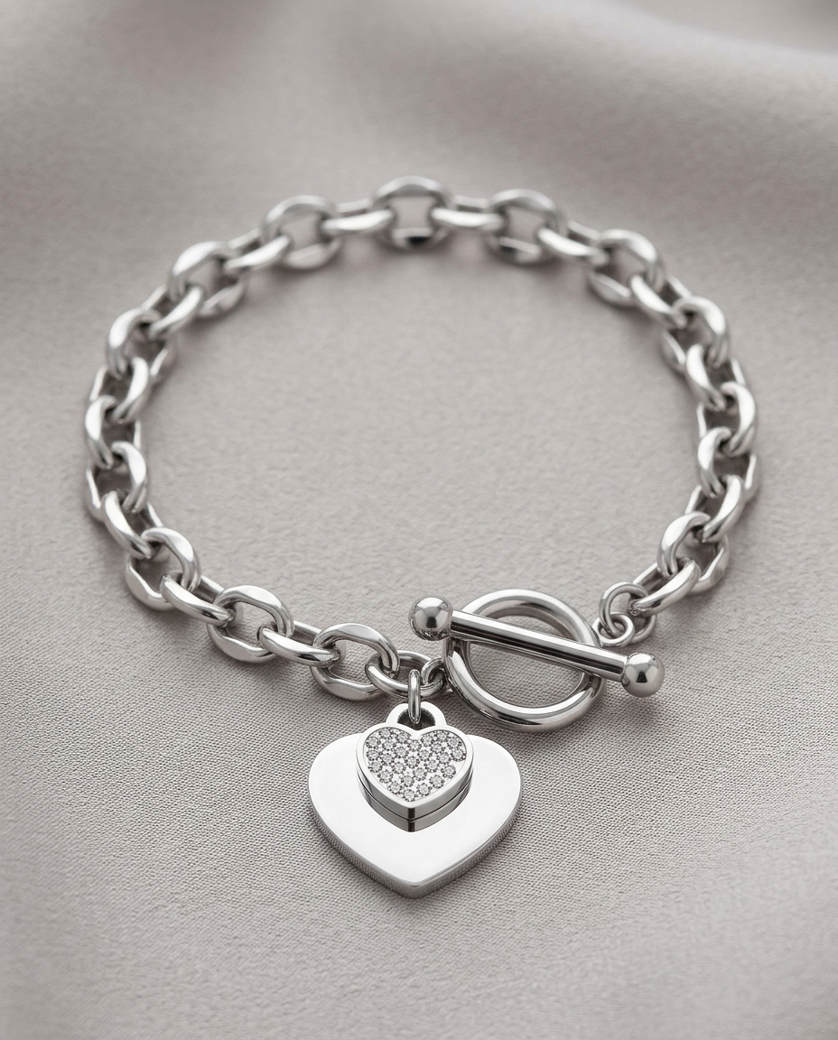 Silver Heart Bracelet Zirconia Stainless Steel