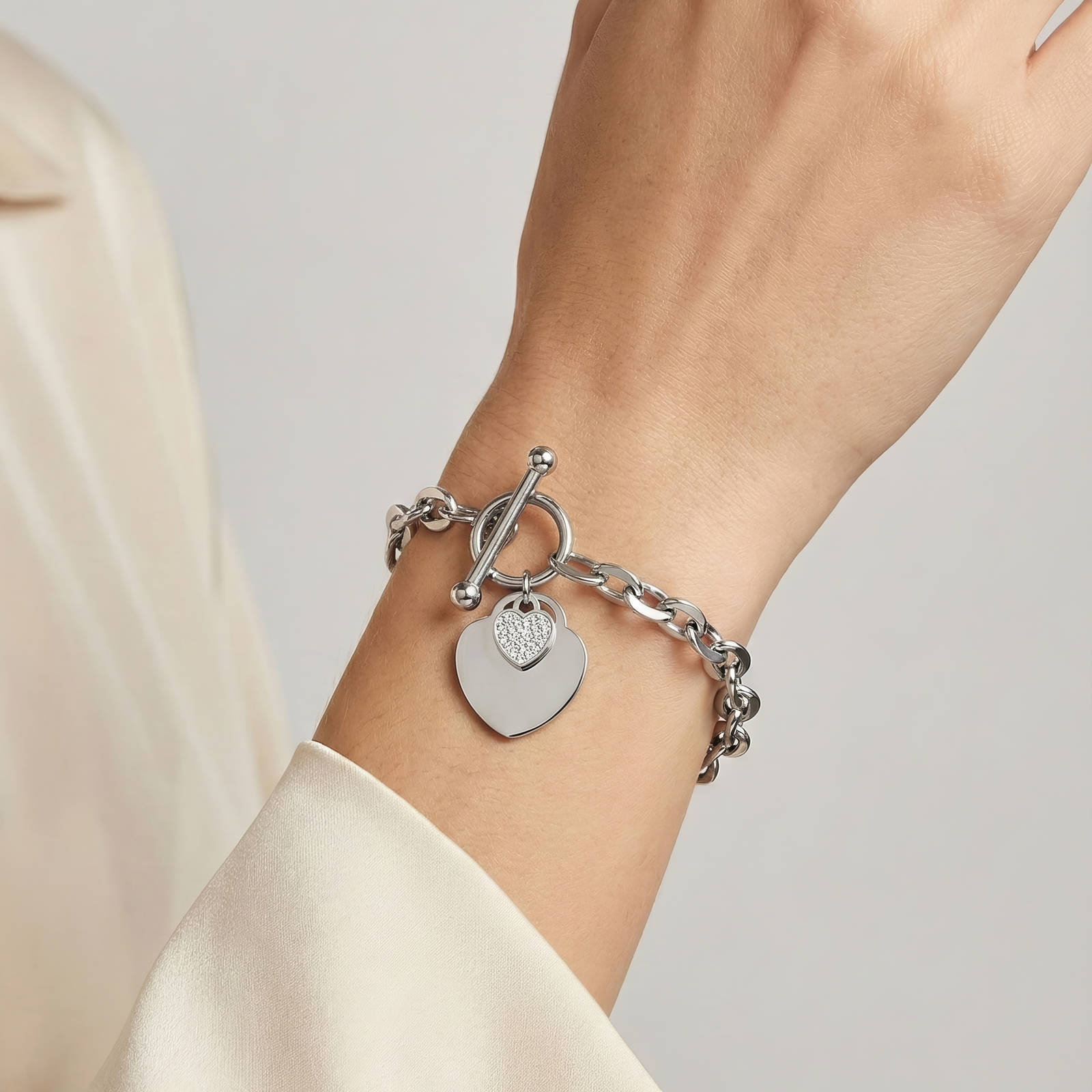 Silver Heart Bracelet Zirconia Stainless Steel