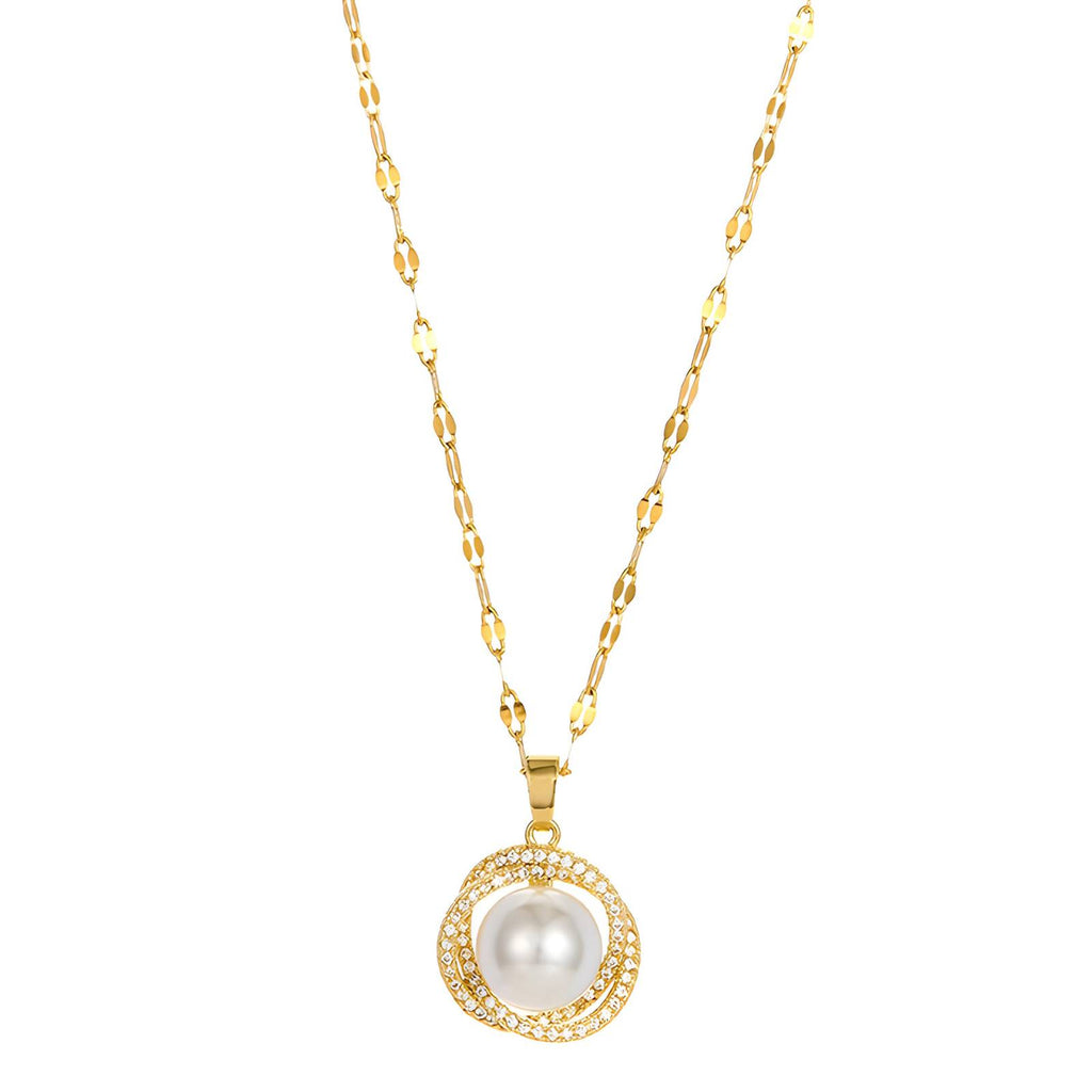 Gold Pearl Zirconia Necklace 18K Plated Stainless Steel