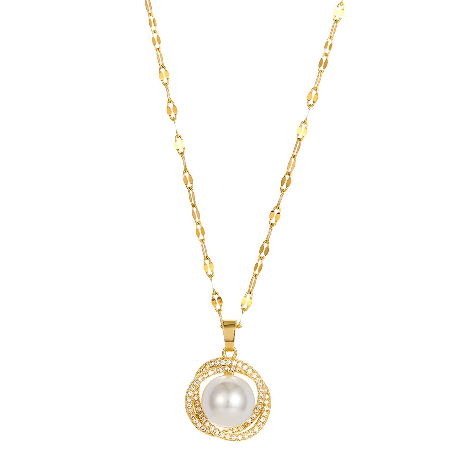 Gold Pearl Zirconia Necklace 18K Plated Stainless Steel
