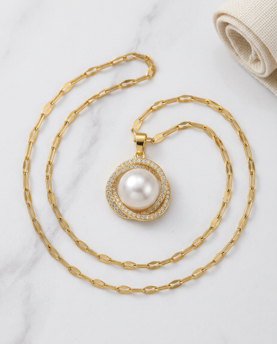 Gold Pearl Zirconia Necklace 18K Plated Stainless Steel