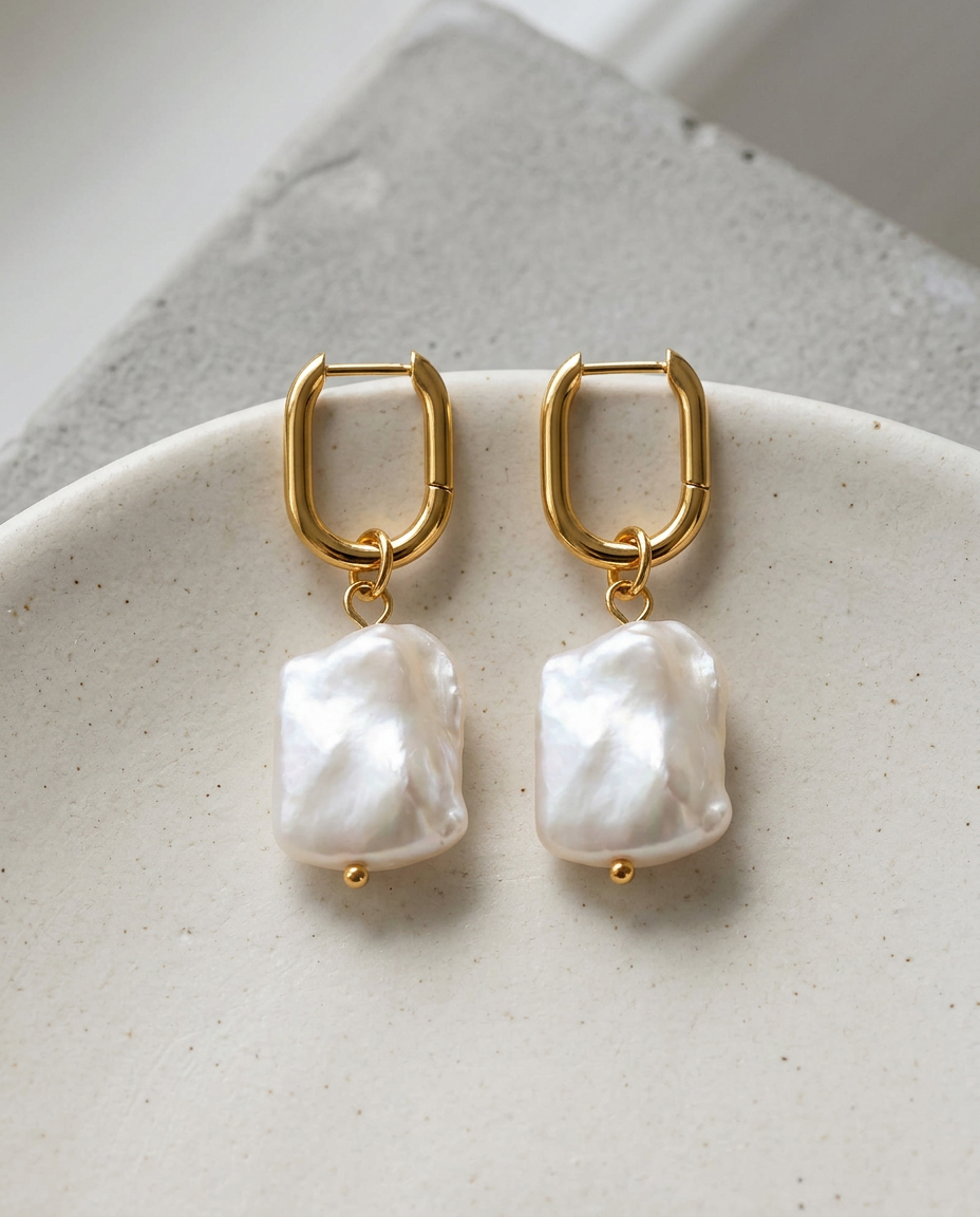 Gold Pearl Rhinestone Earrings 18K Plated Stainless Steel