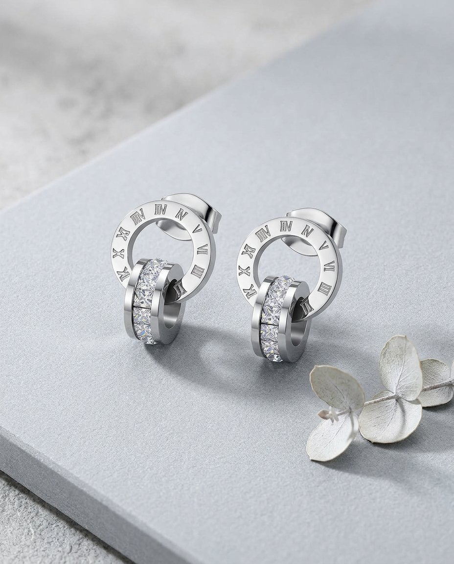 Silver Stud Earrings Zirconia Stainless Steel