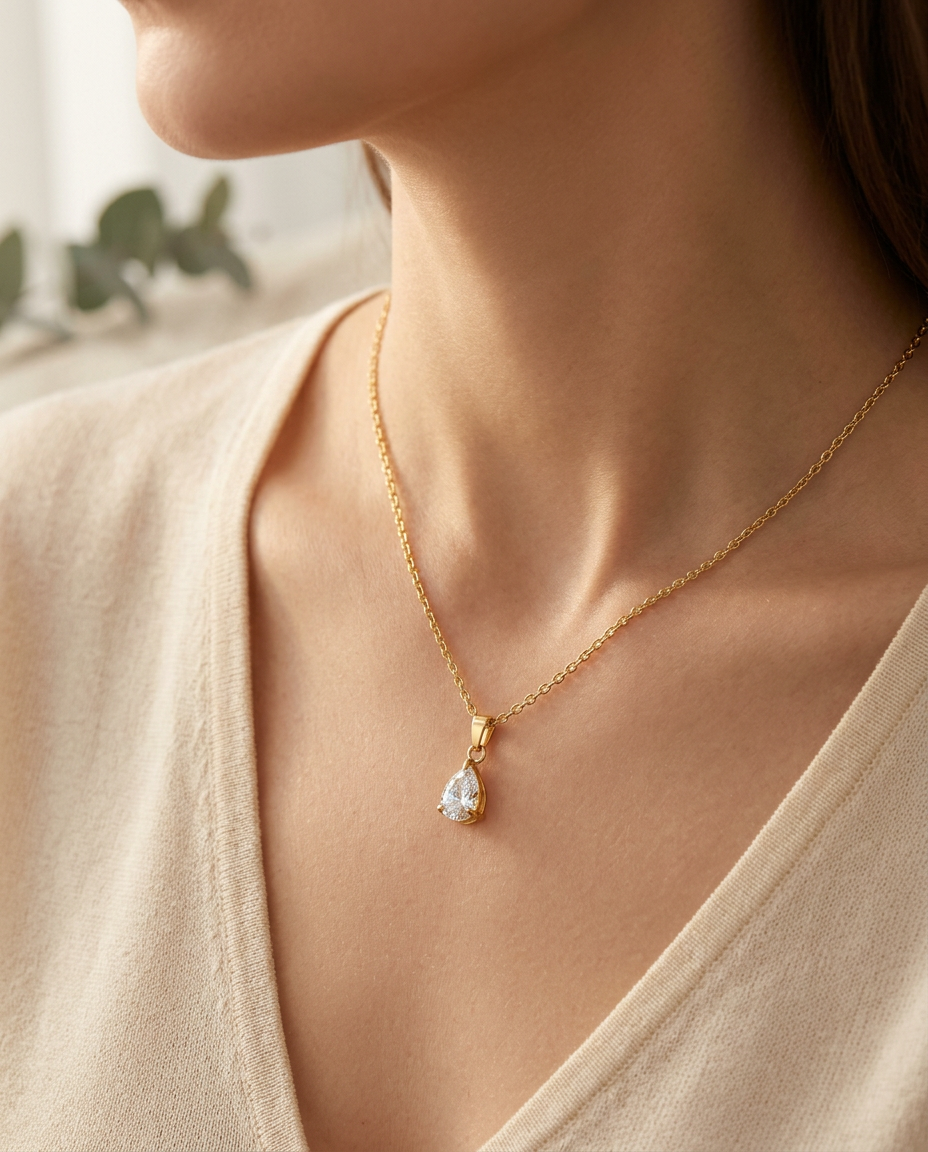 Gold Pendant Necklace Zirconia Long 18K Plated Stainless Steel