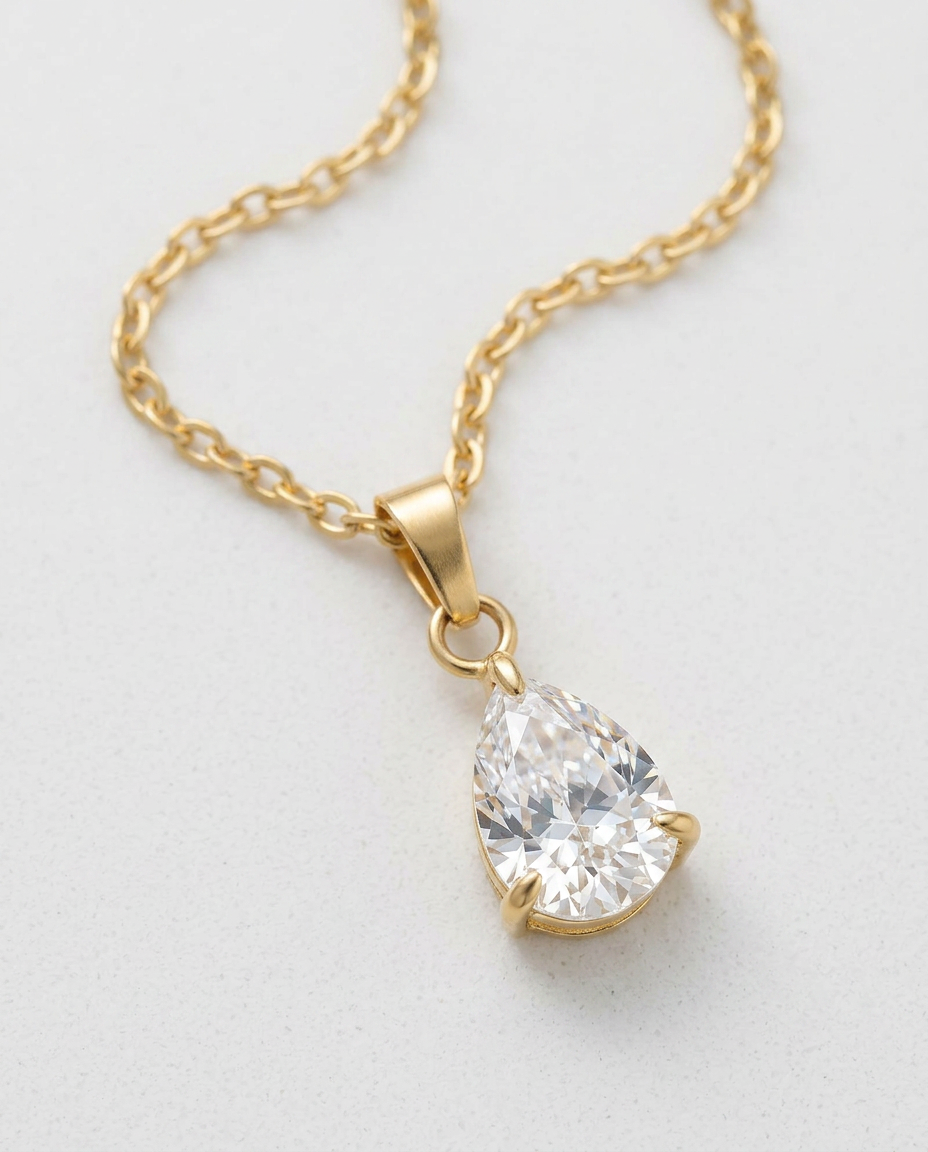 Gold Pendant Necklace Zirconia Long 18K Plated Stainless Steel