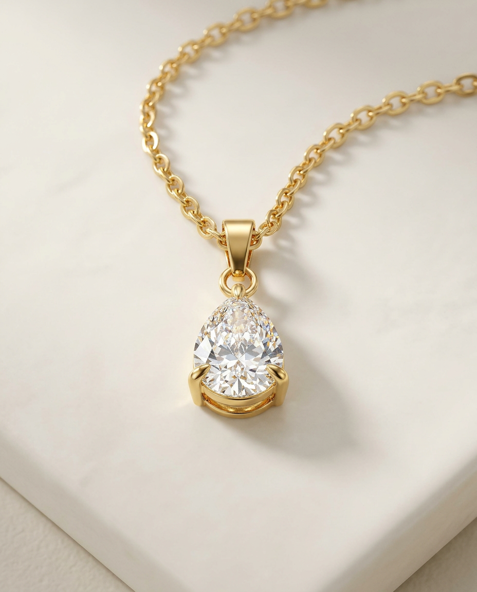 Gold Pendant Necklace Zirconia Long 18K Plated Stainless Steel