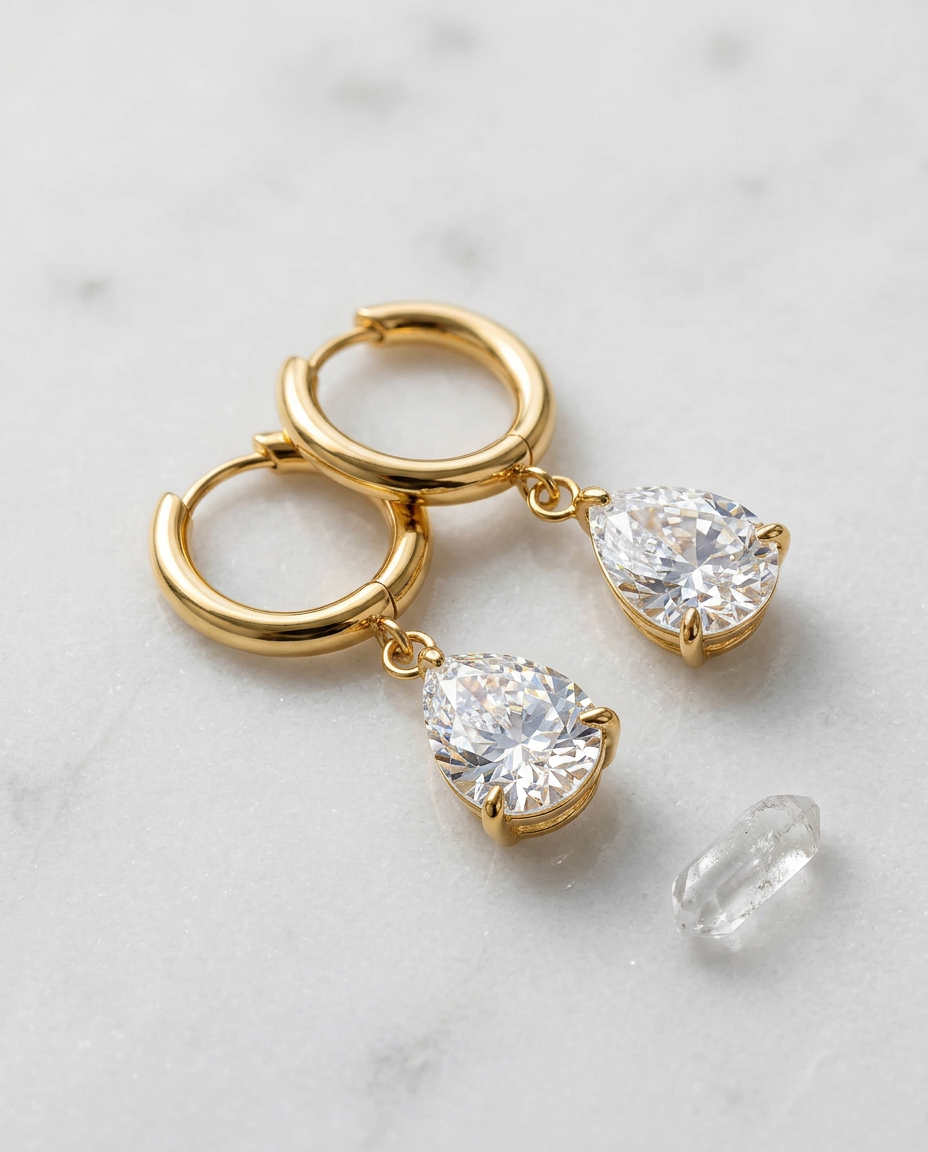 Gold Hoop Earrings Zirconia Slim 18K Plated Stainless Steel