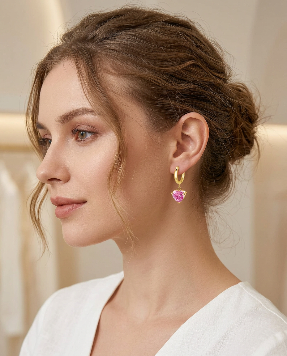 Gold Hearts Hoop Earrings Pink Zirconia 18K Plated Stainless Steel