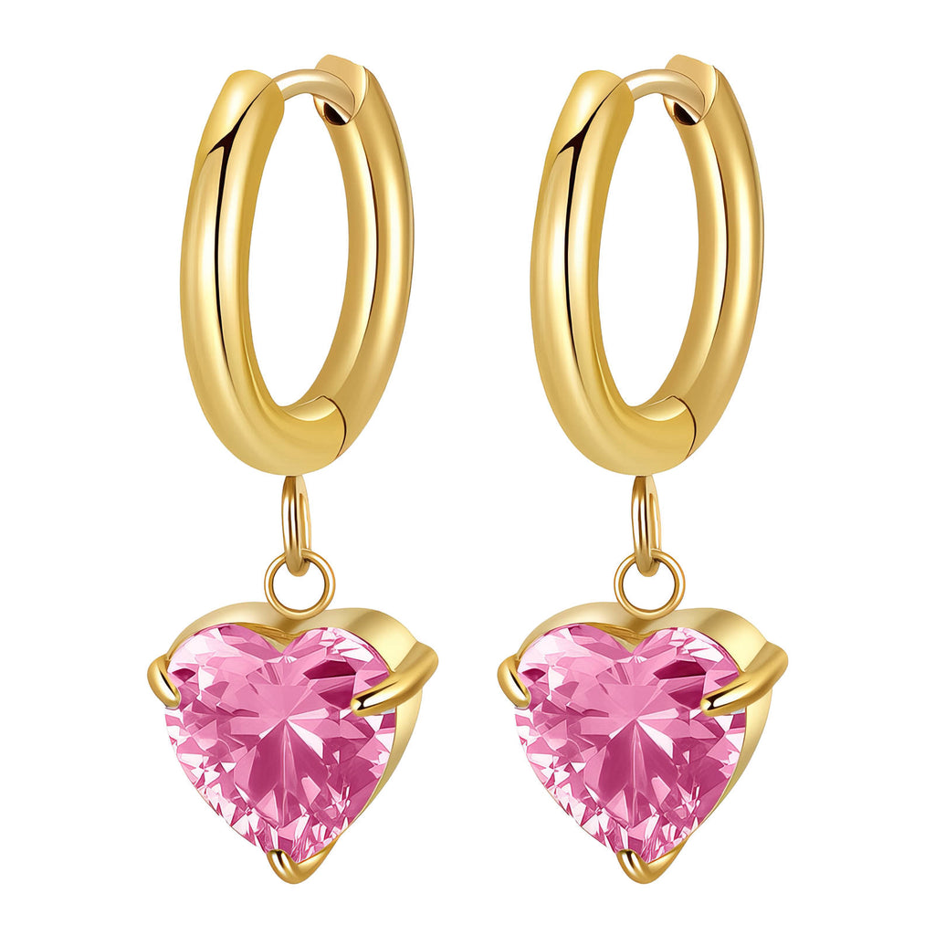 Gold Hearts Hoop Earrings Pink Zirconia 18K Plated Stainless Steel