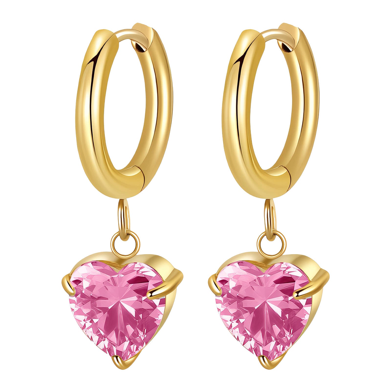 Gold Hearts Hoop Earrings Pink Zirconia 18K Plated Stainless Steel