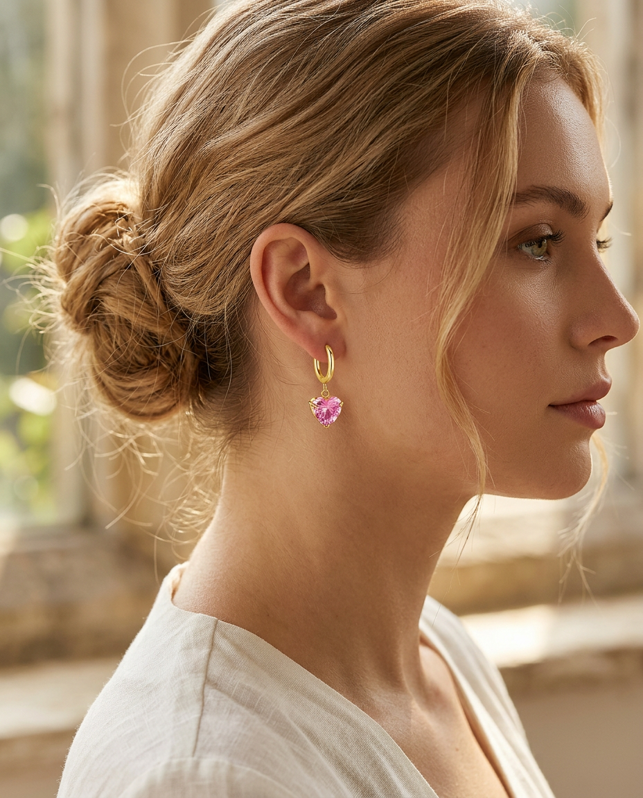 Gold Hearts Hoop Earrings Pink Zirconia 18K Plated Stainless Steel